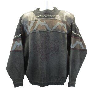 Mark Elliot Wool Blend Mens XL Leather Trim Sweater Black Brown Grandpa Grunge